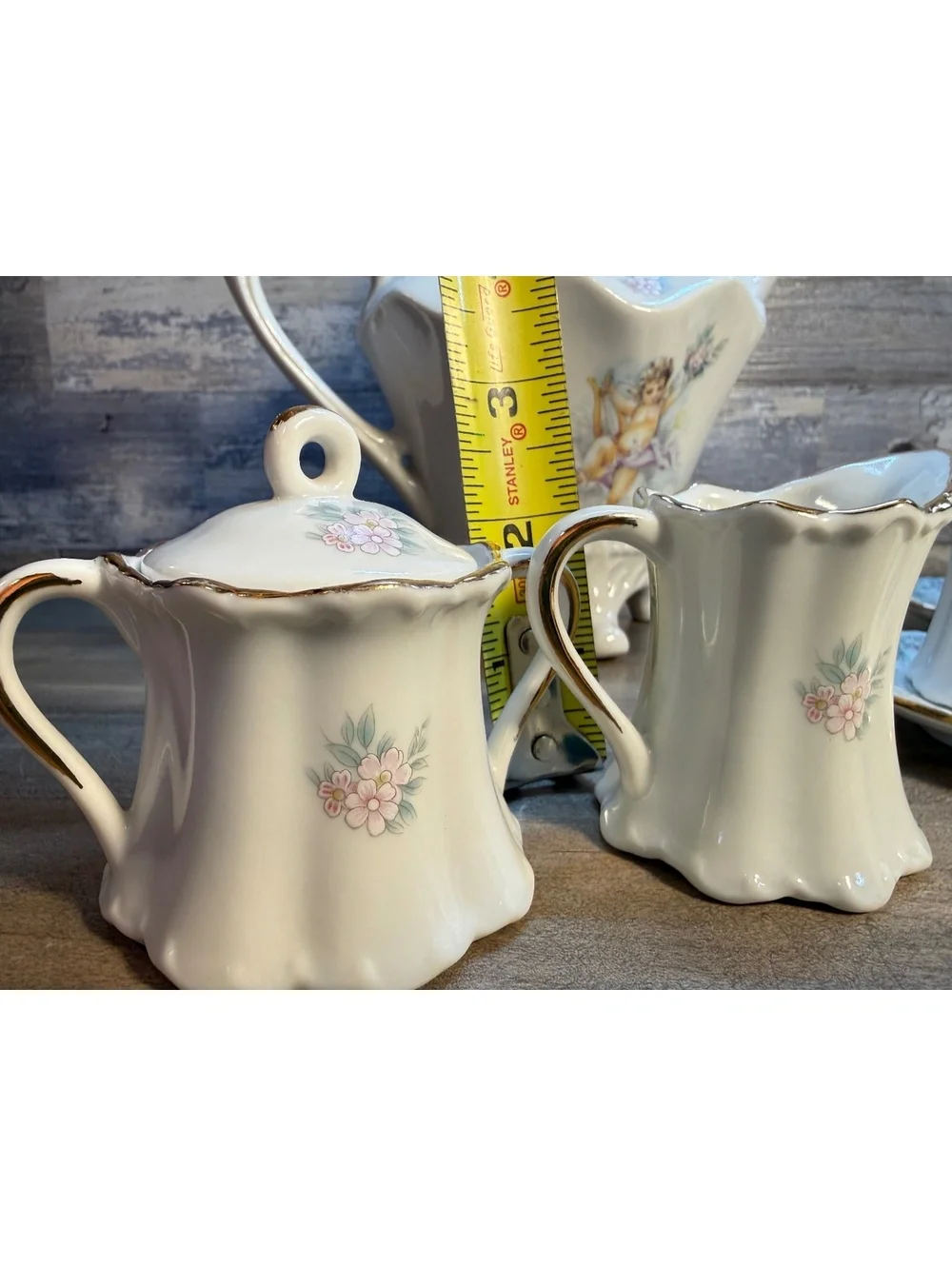 Touch of Cajun Cherub Floral Tea Set 6 Cups Saucers Teapot Sugar Bowl Creamer